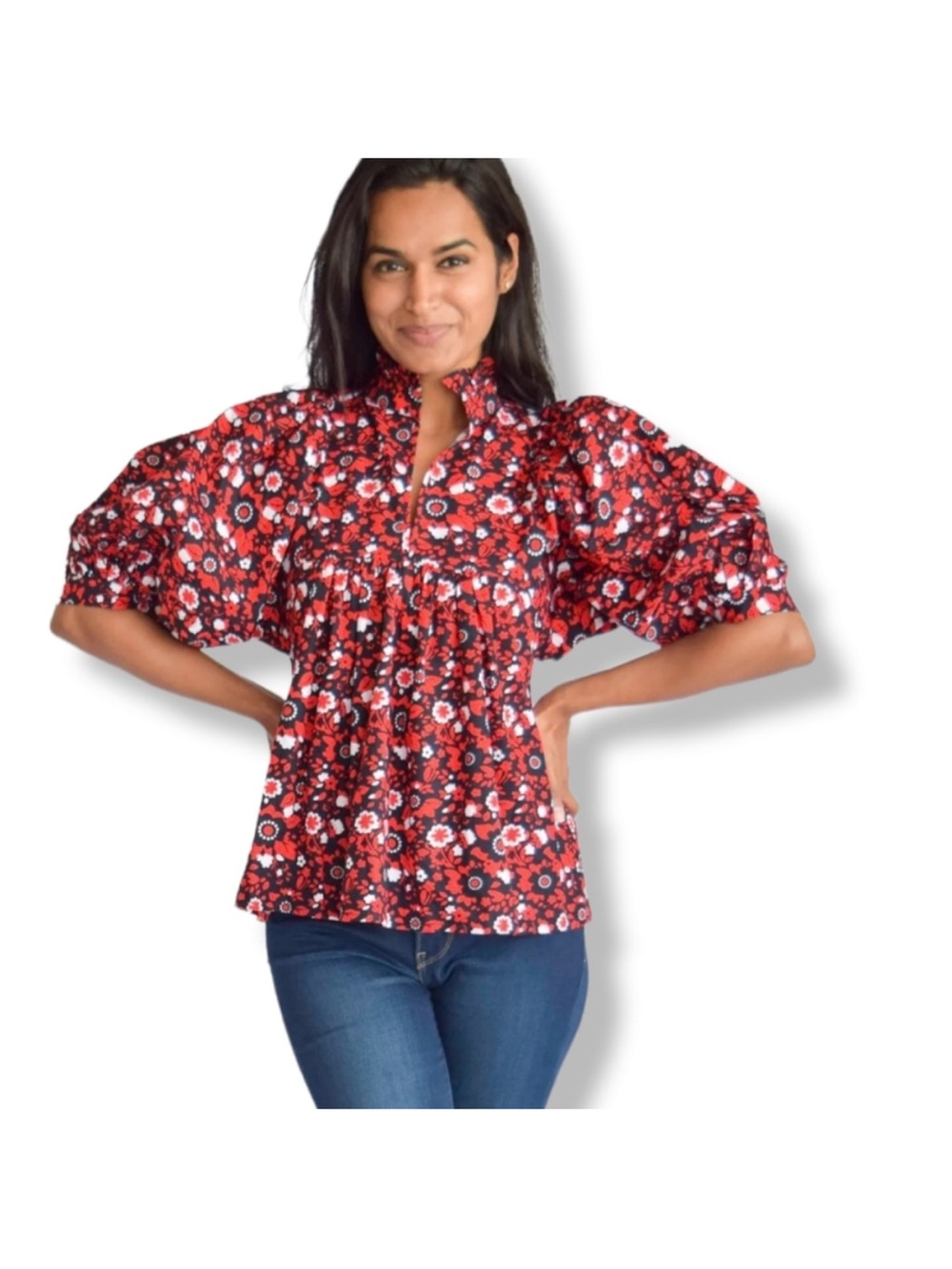 Never A Wallflower Poplin High Neck Puff Sleeve Blouse Navy and Red Floral Large
